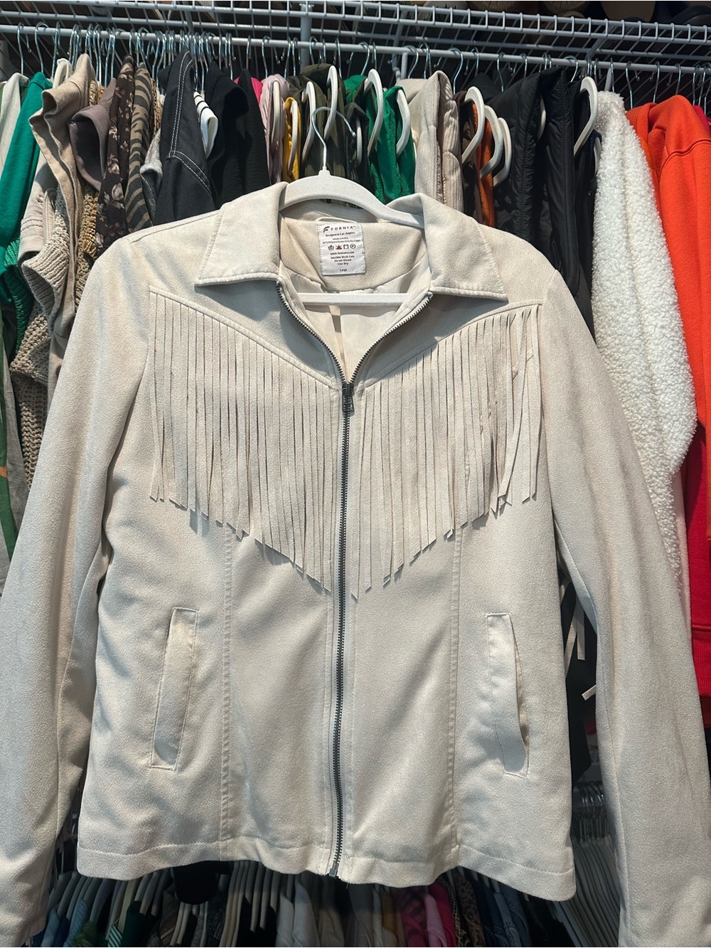 Fringe Detail Zip-Front Women's Jacket - Light Beige Suede